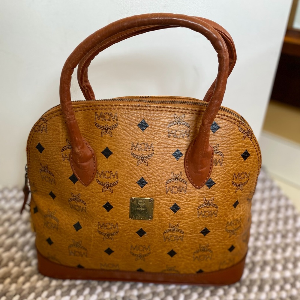 MCM ALMA  Visetos Tan and Black Satchel with Logo Pattern